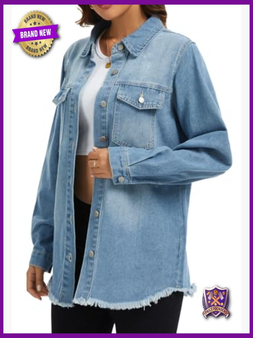 Oversized Denim Jacket with Distressed Frayed Hem Long Sleeve Button Front Jean - Picture 3 of 6